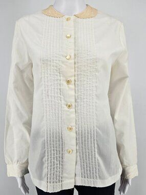 Vintage 1970s Donnkenny Peter Pan Lace Collar Pintuck Long Sleeve Blouse (L)